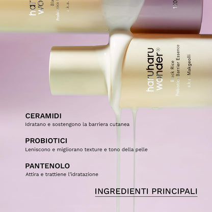 haruharu wonder Black Rice Probiotics Barrier essence 120ml, Tonico Essenza rinforza la barriera cutanea, con ceramidi, ingredienti fermentati, idrata, rimpolpa, lenisce