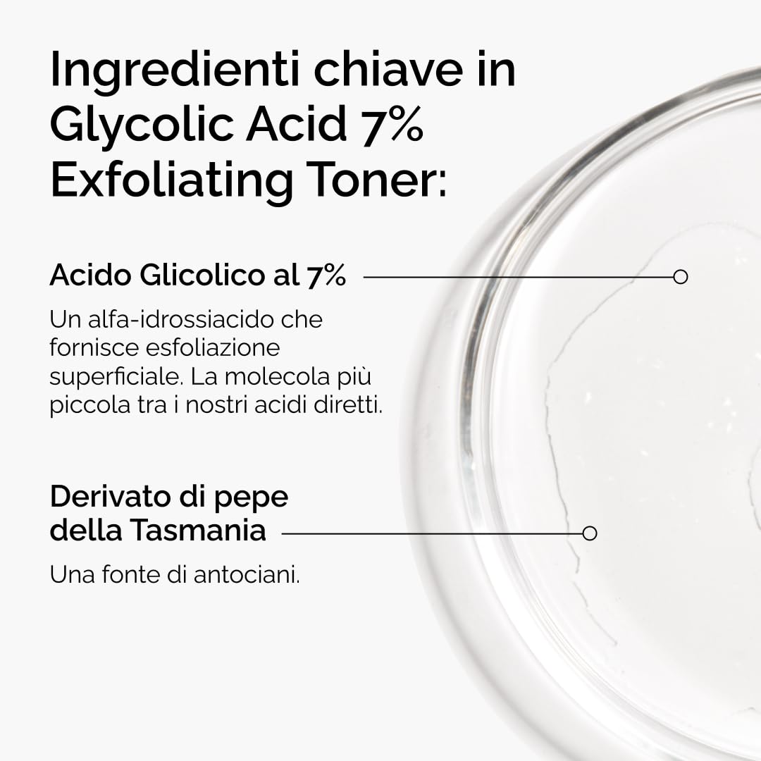 The Ordinary Glycolic Acid 7% Exfoliating Toner, Esfoliante Acido Glicolico, Tonico quotidiano illuminante e levigante per un tono della pelle più uniforme, 240ml
