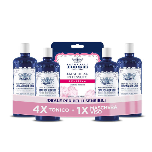 Acqua alle Rose, Tonico Viso con Acqua Distillata Alle Rose, Formula Rinfrescante con Proprietà Idratanti, Tonificanti e Lenitive, Rende la Pelle Giovane ed Elastica, 4 Flaconi da 300 ml